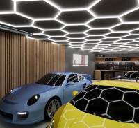 Commercial spaces with parked sports cars and modern ceiling lighting.