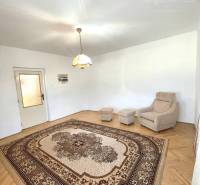 Living room in a family house with a carpet and an armchair.