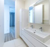 A bathroom with a sink and a mirror in a 3-room apartment, view into the room with a wooden decor floor.