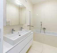 A bathroom with a shower, bathtub, and sink in a 3-room apartment.