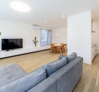 A spacious living room in a three-room apartment with a wood-patterned floor and a large television.