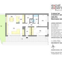 Floor plan of a 3-room apartment on Devínska Road, includes a terrace and a garden.