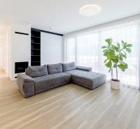 A spacious living room with a gray sofa and a floor with a wooden decor in a 3-room apartment.