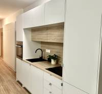 A kitchen in a 2-room apartment with white cabinets and wooden accents.