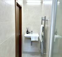 Bathroom with a sink and lighting in a 2-room apartment, with a minimalist design.