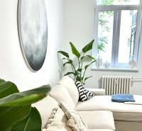 Bright living room of a two-room apartment, comfortable sofa, decorative pillows, houseplants.