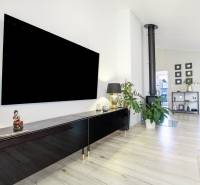 A modern living room interior in a family house with a fireplace, plants, and a large television.