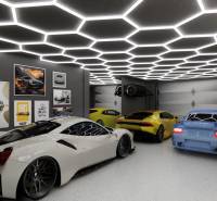 Design garage with luxury cars, decorations, and striking lighting in commercial spaces.