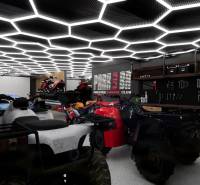 The interior photograph of the garage shows luxury vehicles, tools, and stylish lighting.