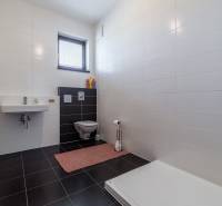 A bathroom in a family house with white tiles, a sink, a toilet, and a shower.
