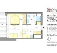 Floor plan of a 2-room apartment with a living room, bathroom, kitchen, and loggia.