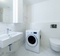 Bathroom in a 2-room apartment with a sink, washing machine, toilet, and shower.