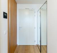Entrance hallway with a mirror in a 2-room apartment, wooden floor and white walls.