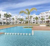 A swimming pool and palm tree-surrounded buildings in the residential area of Las Terrasas de la Torre Golf Resort.
