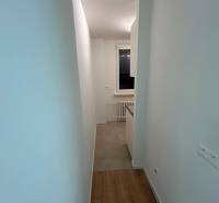 A narrow long corridor in a 2-room apartment, light walls, wooden floor.