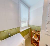 A bathroom with a washing machine and a shelf in a studio apartment, with decorative tiles.