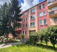 Apartment building on Komenského Street in Senica with greenery in front of the entrance.