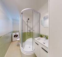 The bathroom in the studio apartment includes a shower, a sink, and a washing machine.