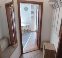 Hallway of a 2-room apartment with coat hooks, a mirror, and a view of the dining area.