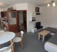 Living room of a two-room apartment with a sofa set, dining table, and kitchenette.
