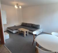 Living room in a two-room apartment with a sofa, dining table, and entrance to the hallway.