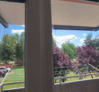 View from the balcony in a 2-room apartment in Liptovský Mikuláš, trees and parked cars.