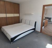Bedroom with a large wardrobe and a double bed, next to a living room with a kitchen unit.