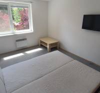 Bedroom in a 2-room apartment with a TV, bed, and garden view.