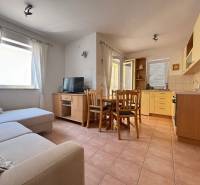 Kitchen and living room with a sofa, dining table, TV in a 2-room apartment.