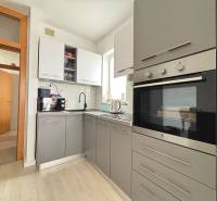 A kitchen in a 3-room apartment with a modern appliance and gray cabinets.