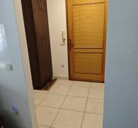 Entrance hallway with a wardrobe in a two-room apartment, tiled floor and wooden doors.