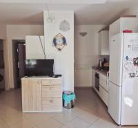A kitchen in a 2-room apartment with appliances, a wardrobe, a television, and wall decorations.