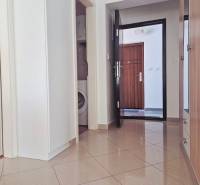 A hallway in a 2-room apartment with a washing machine and entrance door.
