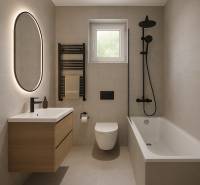 A bathroom in a 2-room apartment with a mirror, bathtub, and sink unit.