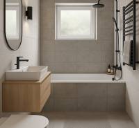 Bathroom in a 2-room apartment with a bathtub, large mirror, and wooden sink counter.