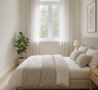 A bedroom with simple furniture, a bed, a plant, and a painting in a two-room apartment.