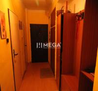 A hallway in a 2-room apartment with lighting, wooden furniture, and an entrance door.