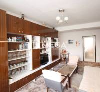Living room in a 2-room apartment with retro furniture and a sofa.