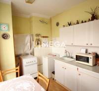 A kitchen in a 2-room apartment with a white kitchen unit, a microwave, and decorations.