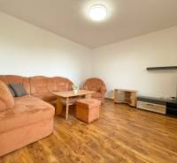Living room in a two-room apartment with a sofa and tables on a wooden floor.