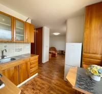 Wooden kitchen with dining table and view into the living room, 2-room apartment.