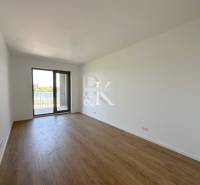 A spacious room in a 2-room apartment with wooden flooring and a French window.