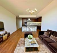 Living room in a two-room apartment with a sofa, TV, and dining area.