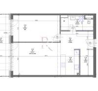 Floor plan of a 2-room apartment with a living room, kitchen, bathroom, and loggia.