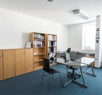 Workspace with furniture, shelves, and a desk in the office.