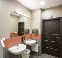 Sinks and mirror in the office restroom.