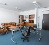 A stylish office interior with antique leather furniture and a glass table.