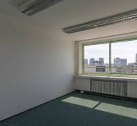 Empty office with a view of the city skyline through a large window.