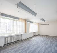 Spacious offices with pendant lights and vertical blinds.