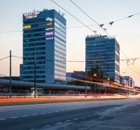 Evening view of office buildings in Bratislava - Karlova Ves on Dúbravská Road.